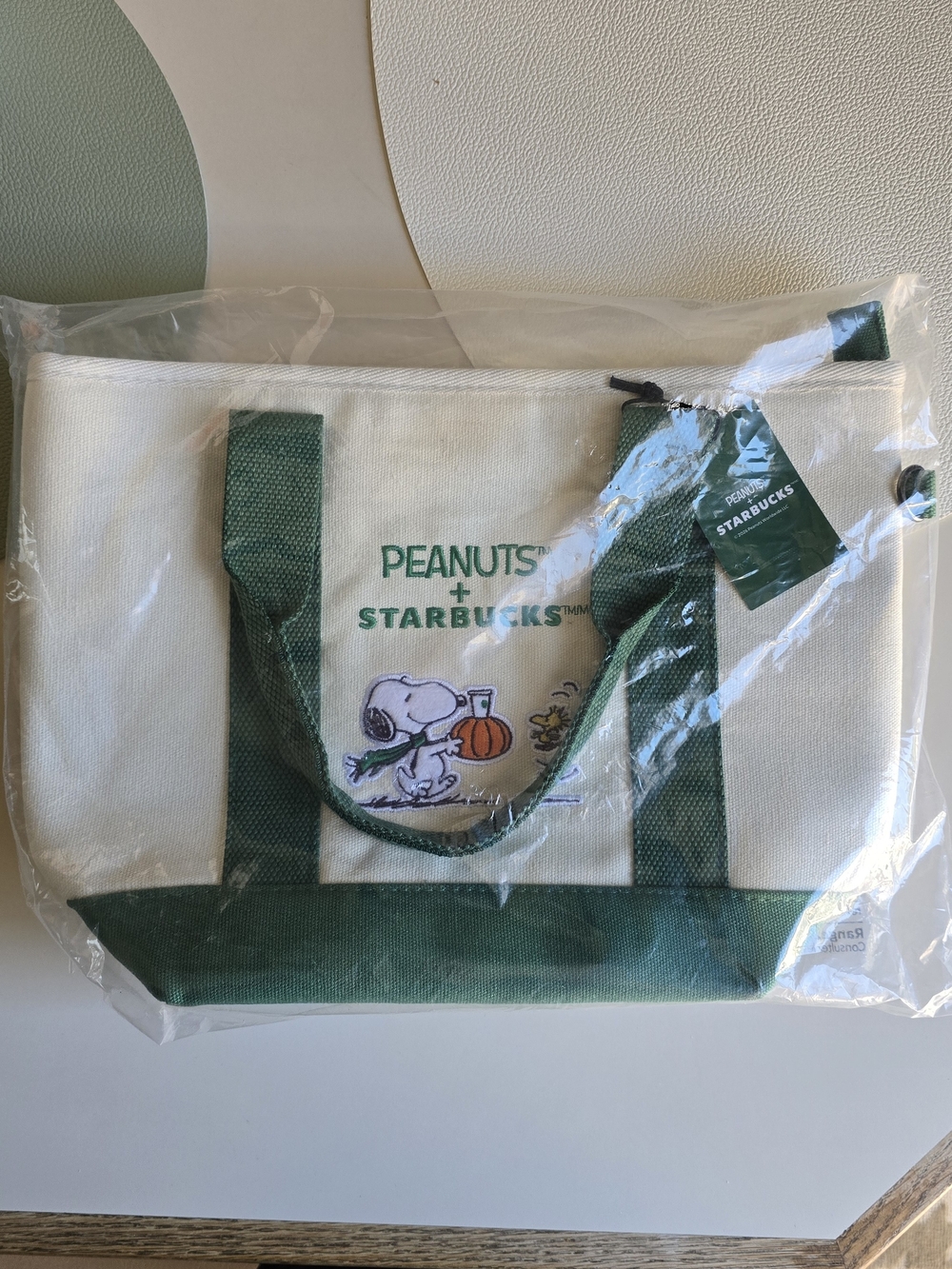 Starbucks x Peanuts Cream & Green Canvas Tote with Snoopy Pumpkin
